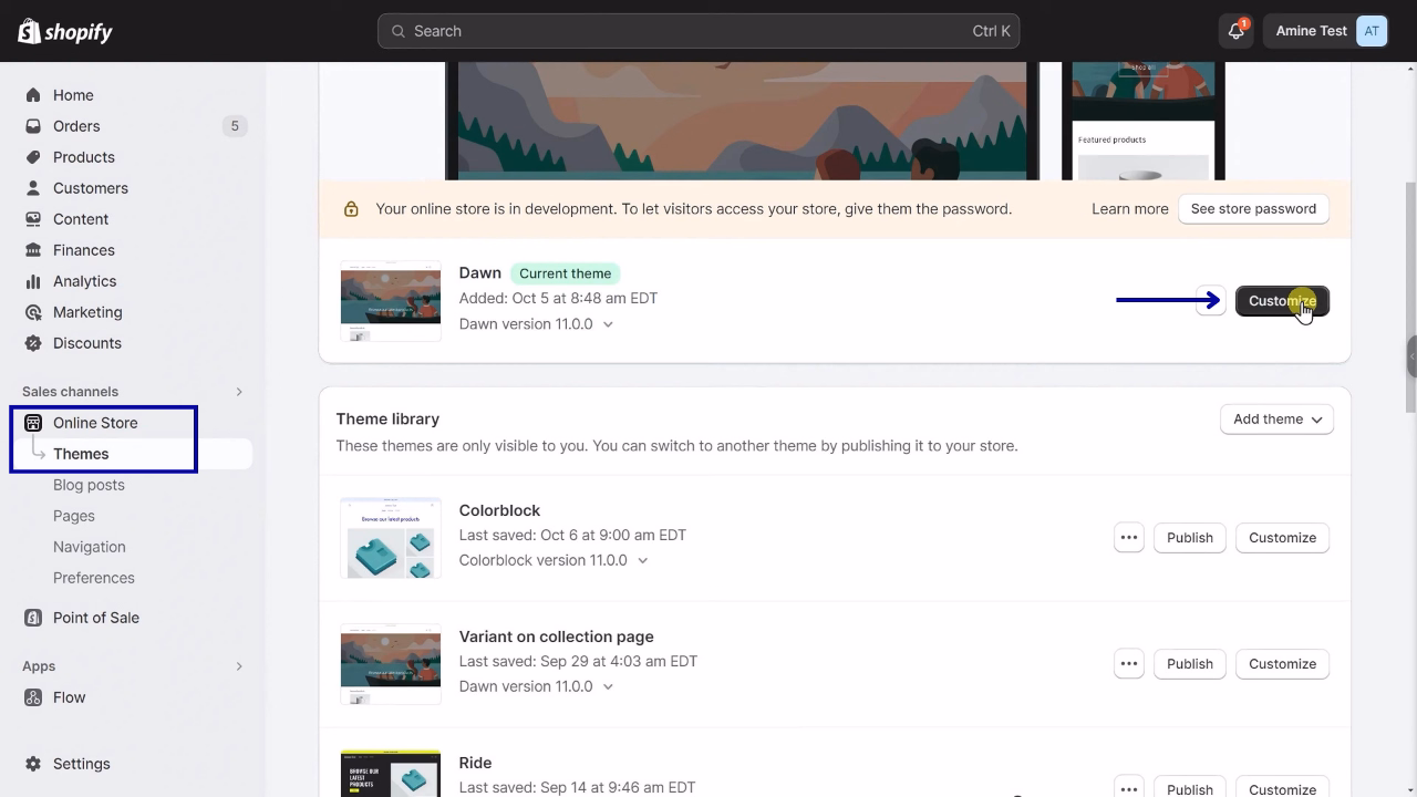 Choose the theme you are currently using, and Click Customize